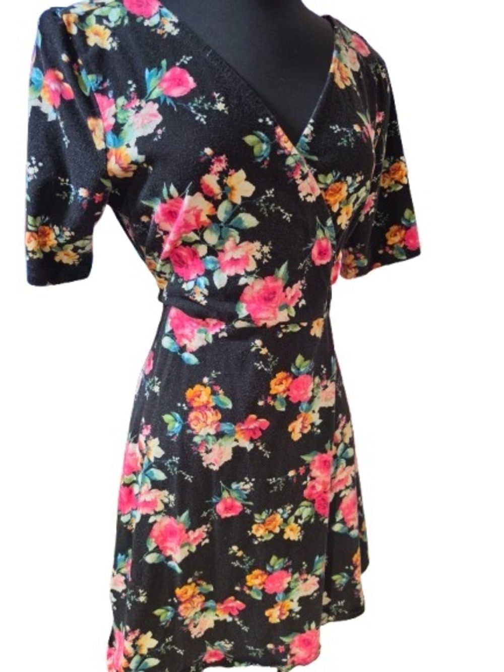 Black Floral Faux Wrap Mini Dress with Pink & Yellow Blooms SZ L image 2